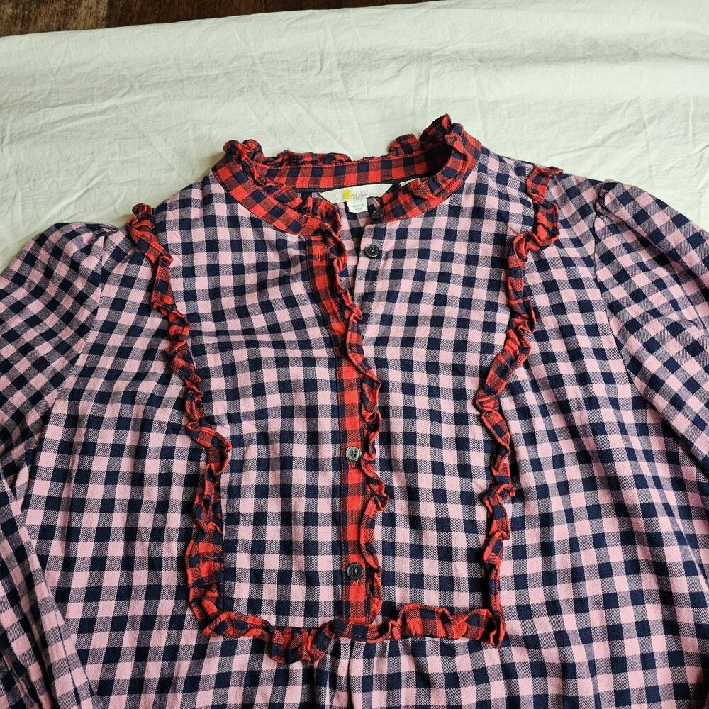 Boden Ruffle Top Isla Frill Long Sleeve Pink Red Plaid Color Block Half Button - Picture 4 of 9